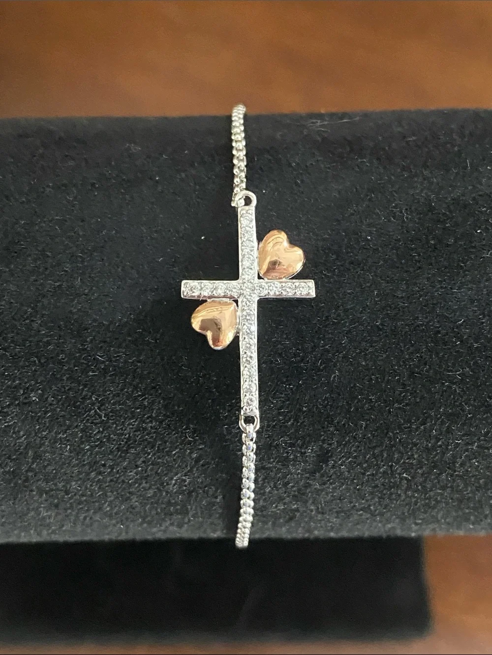 PAJ Sterling Silver Cross Bracelet with CZ stones and bronze hearts